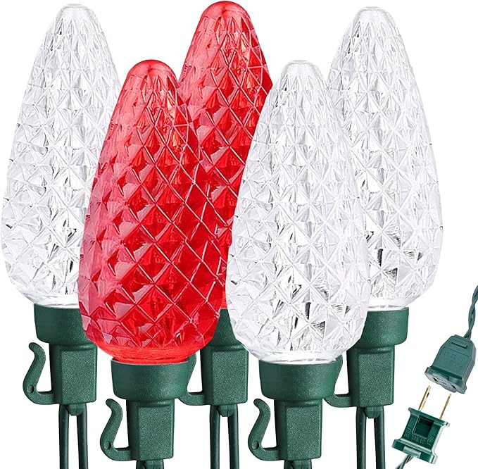 Brizled 100 LED C9 Red & White Christmas Lights, 66FT Faceted Christmas Lights, Connectable Outdoor Indoor Strawberry Light String, 120V UL Certified for Valentine's Day Party Xmas Tree House Garden