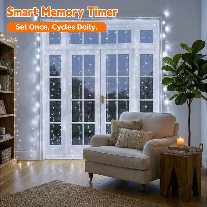 Curtain Light for Bedroom, 200LED 6.6x6.6ft White Window Wall Hanging Fairy Curtain String Light, 8 Modes Remote Fairy String Lights Indoor for Wedding Party Home Garden Decorations