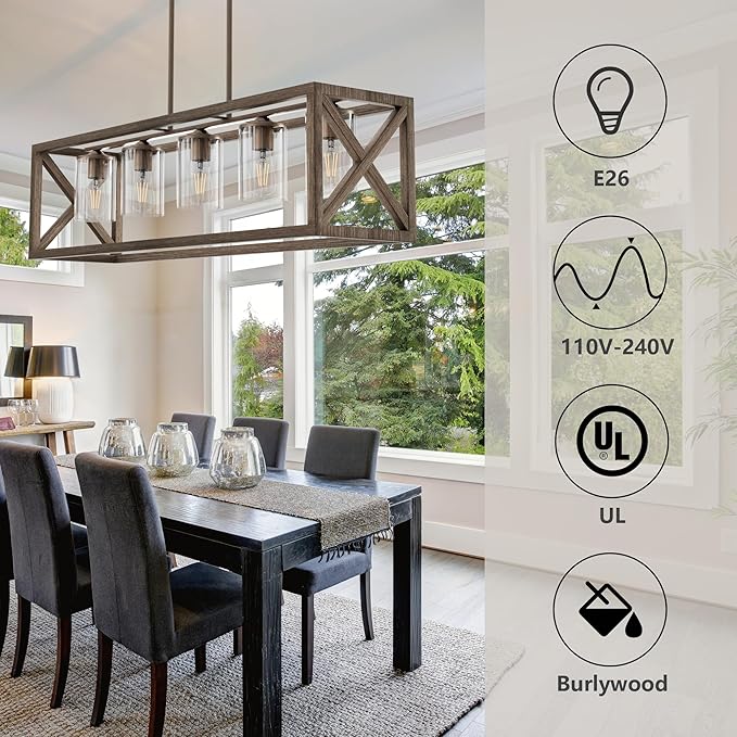 Espird Upgraded Burlywood Dining Room Light Fixture - 5 Light Rectangle Light Fixtures with Clear Glass Shade& Adjustable Height& Thickened Metal Dining Table Lights Fixture Chandeliers for DiningRoom