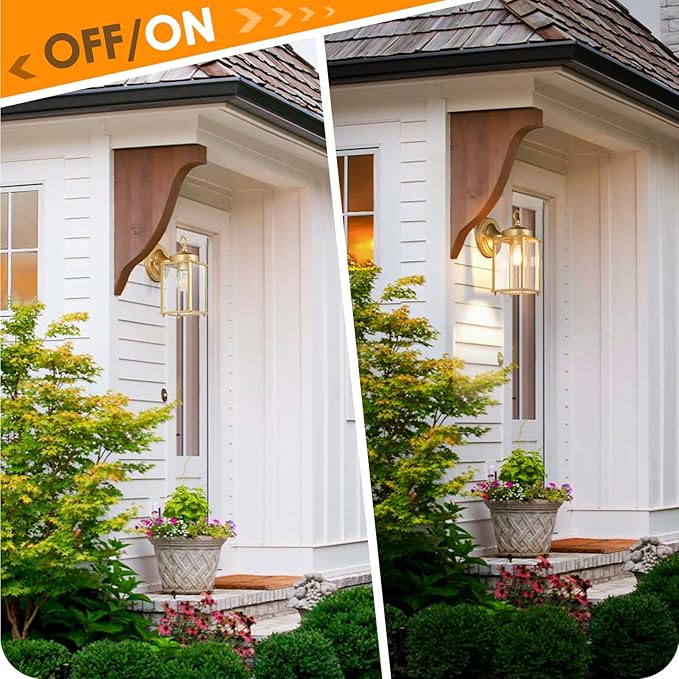 MATAMEYE Large Outdoor Wall Lantern, Exterior Waterproof Wall Sconce Light Fixtures, Gold Front Door Lighting with Clear Beveled Glass, Anti-Rust E26 Socket Porch Lamp, 2 Pack