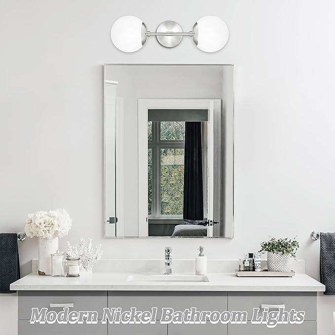KoKo&Yukina Nickel 2 Light Vanity Light Fixtures Mid Century Modern Bathroom Vanity Light Globe Sconce with Milky White Glass for Bathroom Bedroom
