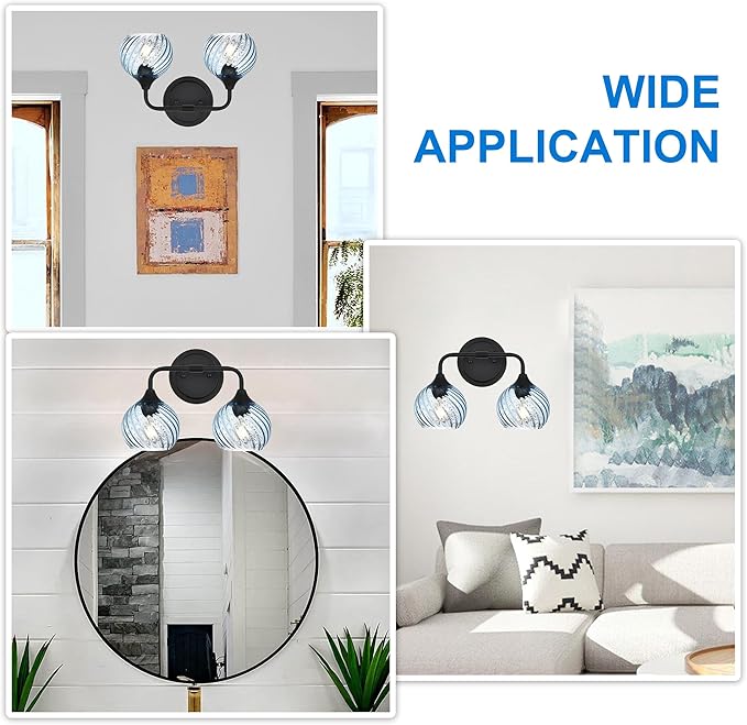 MELUCEE 15 Inch 2 Light Bathroom Wall Lights with Blue Striped Swirl Glass Shade, Black Bathroom Lights Over Mirror Vanity Lighting Fixtures Wall Lamp for Bathroom, Living Room, Hallway
