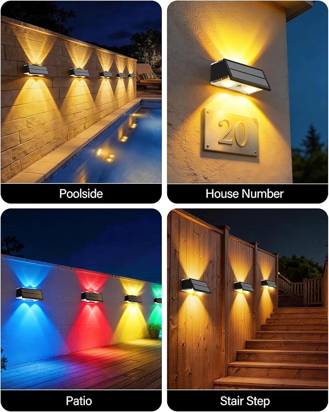 Solar Fence Lights Outdoor, 16 Pack 100LM Fence Lights Solar Powered Waterproof, 9 Color Modes, Up & Down LED Focused Beam, 12H Dusk to Dawn Glow for Pool/Patio/Wall/Backyard - Black