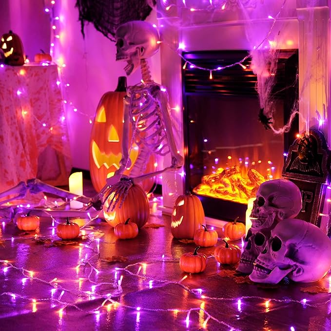 JMEXSUSS 163 FT 500 LED Halloween String Lights Indoor, Orange and Purple Halloween Lights Outdoor, 8 Modes Outdoor Waterproof Clear Wire Christmas String Light Plug in