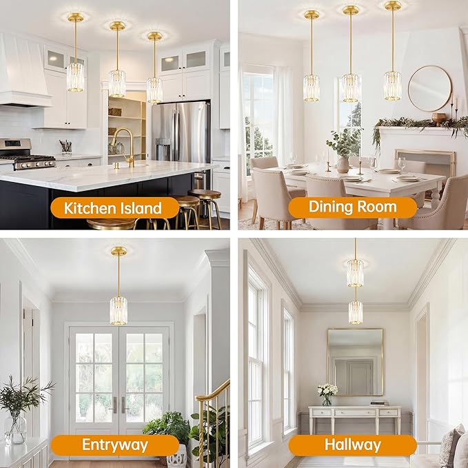 Gold Pendant Light, Modern Crystal Pendant Lights Kitchen Island, Kitchen Island Lighting with Adjustable Height, UL Certified Island Lights for Kitchen Dining Room Bedroom Hallway 3 Pack