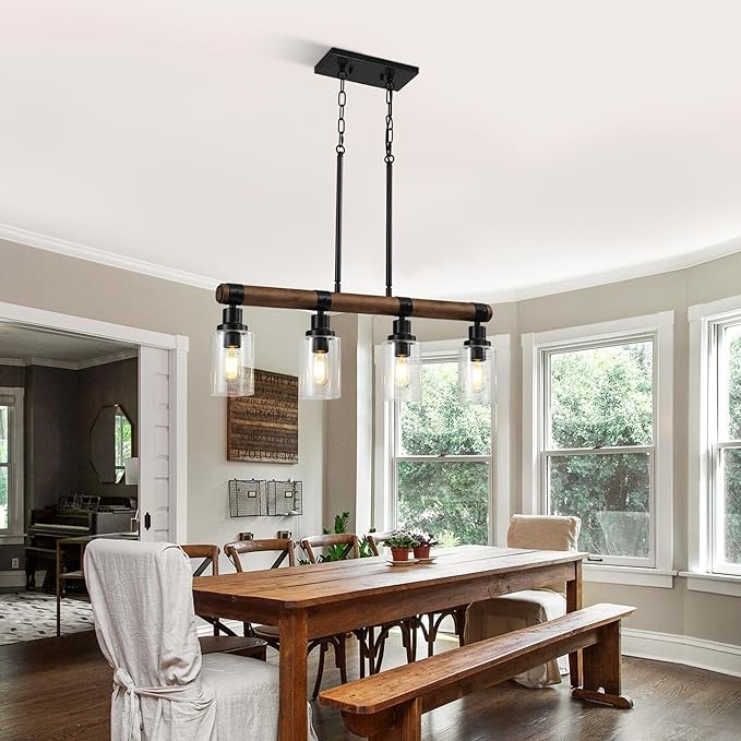 Dining Room Chandelier Over Table, 4-Light Farmhouse Kitchen Island Lighting, Matte Black Rustic Wood Chandelier with Clear Glass Shade, Ceiling Pendant Light Fixture for Kitchen