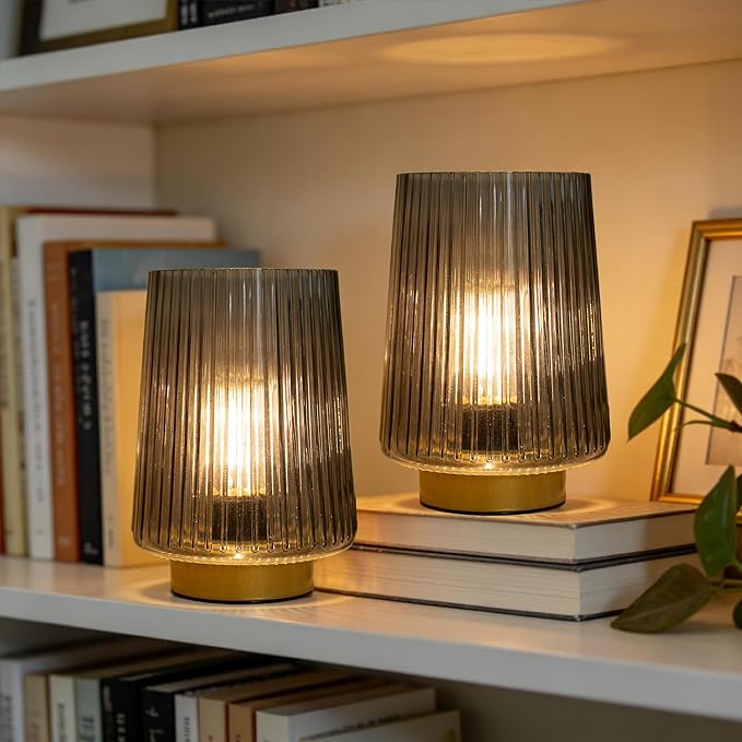 LUSHARBOR Battery Powered Lamp with Timer, Cordless Small Table Lamps Battery Operated with LED Bulb, Decorative Bedside Lamp for Living Room Grey 2Pack