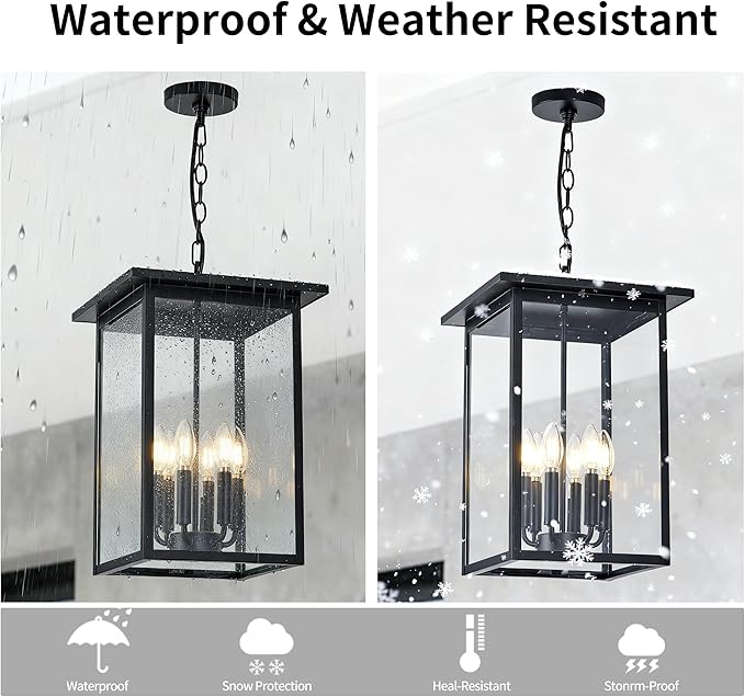 Outdoor Chandelier Modern Pendant Light,6 Light Black Exterior Ceiling Hanging Lanterns with Clear Glass, Farmhouse Outdoor Chandelier for Front Door Entry Patio, (Bulb Not Included)