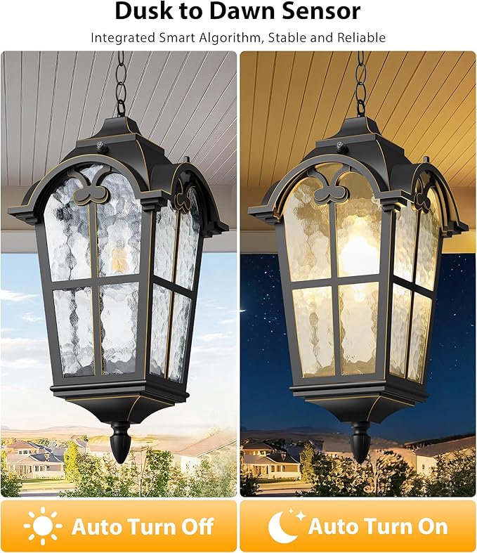 18" Outdoor Pendant Light Dusk to Dawn for Porch, Anti-Rust Aluminum Chandelier, Waterproof Exterior Hanging Lighting Fixture with Ripple Glass for Gazebo, Black with Golden Edge