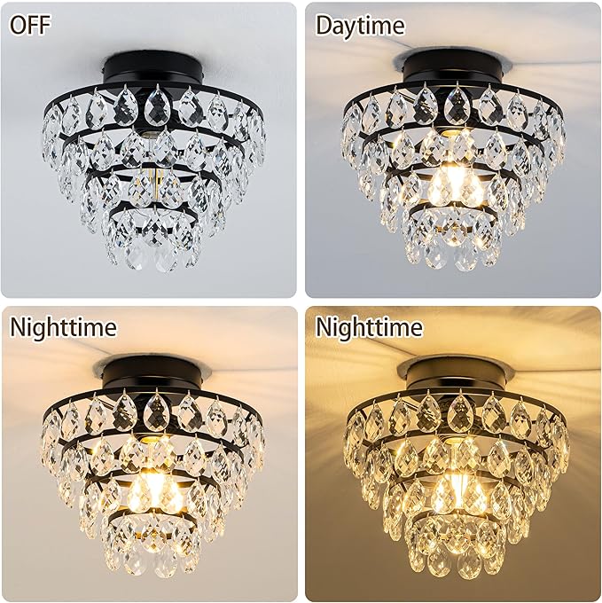 Mayful Modern Crystal Ceiling Light Fixture Black Semi Flush Mount Ceiling Chandelier Mini Ceiling Light for Hallway Bedroom Bathroom Living Room E26