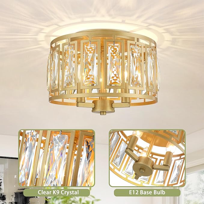 Crystal Flush Mount Ceiling Light, Gold Hallway Lights Ceiling Mounted Small Flush Chandelier for Bedroom Foyer