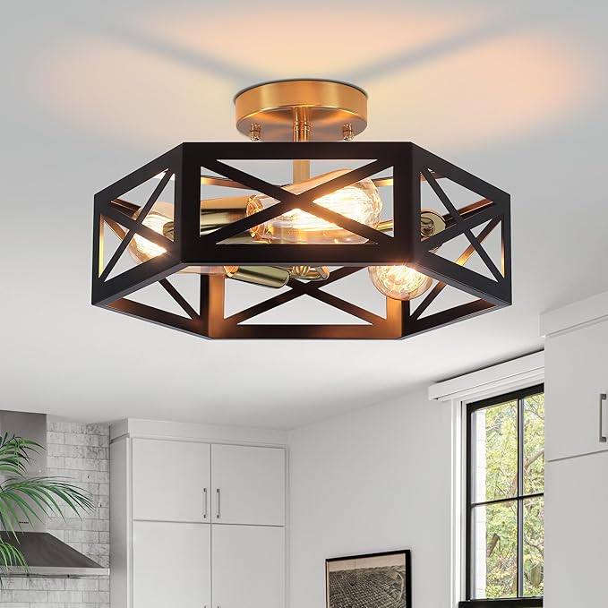 Rustic Foyer Lighting Fixtures, Black Farmhouse Kitchen Light Fixtures Black and Gold Hexagon Ceiling Light with 3 Lights Metal Cage for Hallway Enrtyway 14.5 in