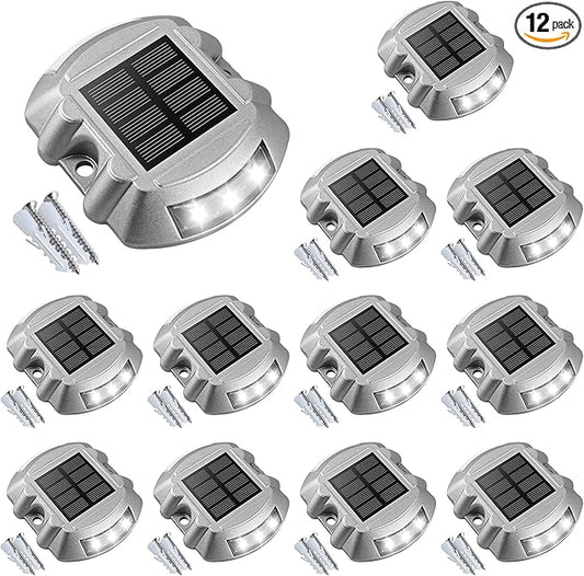 VOLISUN Solar Deck Lights Driveway Dock Lights, 12-Pack Led IP68 Waterproof Outdoor Warning Step Lights for Driveway Sidewalk Garden Pathway Yard(White, Auto On/Off