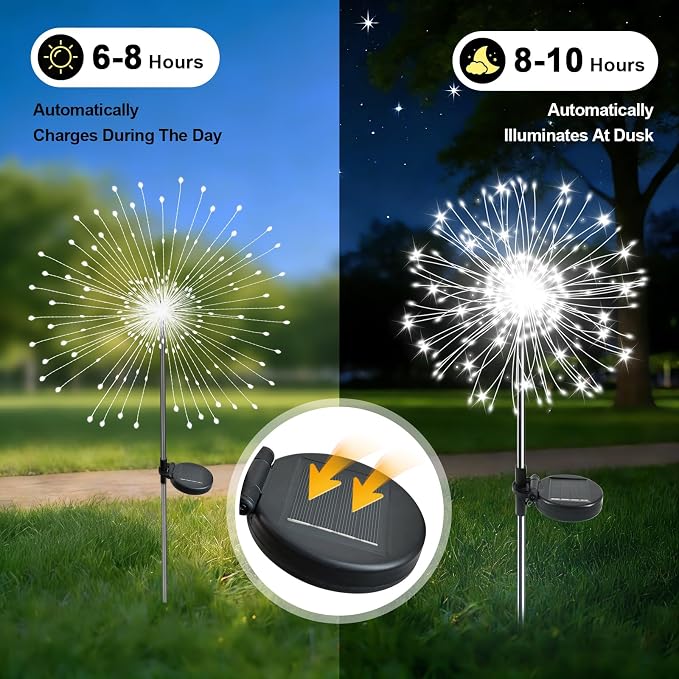Solar Garden Lights Outdoor, 2 Pack 120 LED Twinkling Firework Lights Decorative with 2 Modes, Outdoor Waterproof Solar Starburst Light for Yard Pathway Planter Patio Decor, White