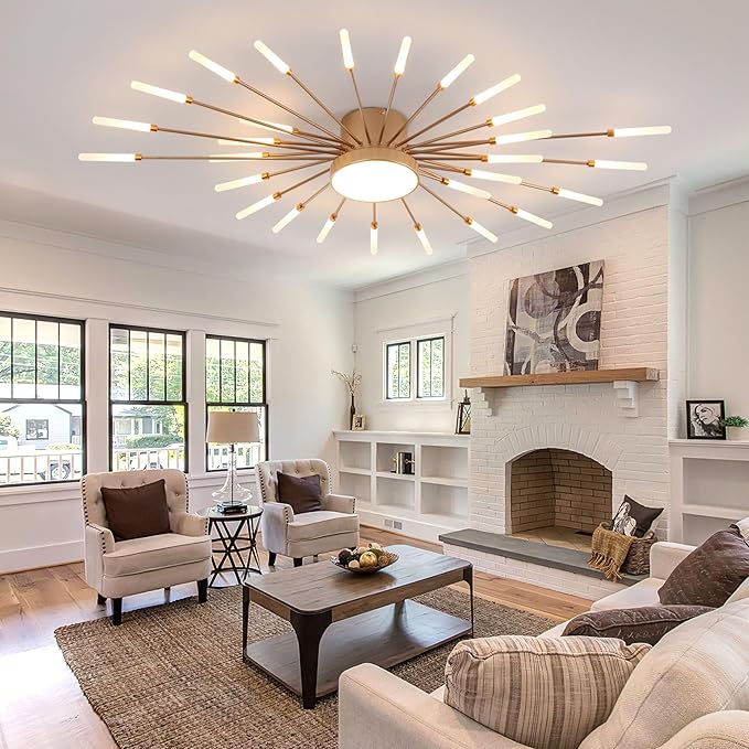 Modern Ceiling Light LED Flush Mount Ceiling Light for Living Room,Kitchen,Dining Room,Bedroom Fireworks Design Dimmable with Remote Control & Memory Function Lighting Fixture (Gold,28 Light)