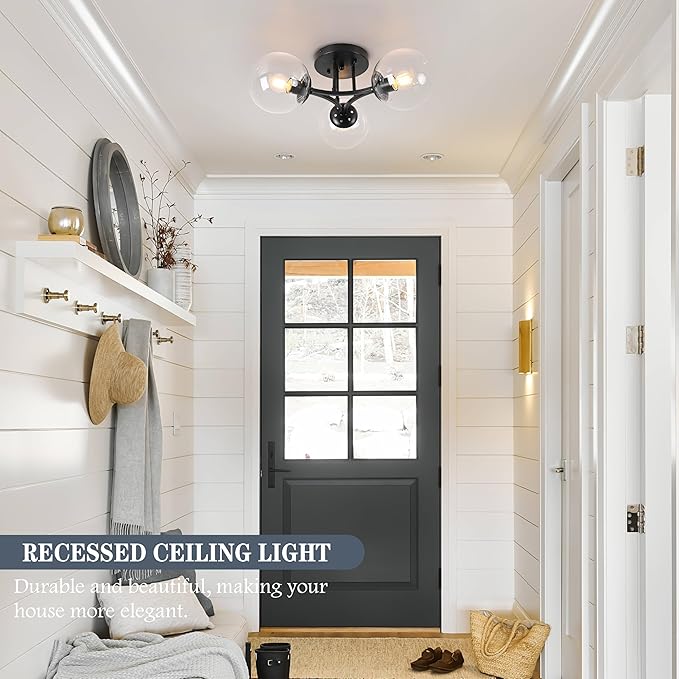 Mid Century Modern Ceiling Light Clear Globe Semi Flush Mount Ceiling Light Black Sputnik Light Fixture Chandeliers Clear Glass Matte Black Chandeliers Living Room Dining Room Bedroom 3 Lights