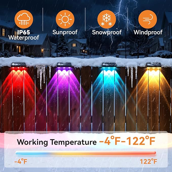 Solar Fence Lights Outdoor 6 Pack, Upgraded Brightness 3X LED Lens Fence Lights Solar Powered, 9 Fixed Colors & RGB Lights,IP65 Waterproof Solar Lights for Outside Backyard/Railing/Step/Patio