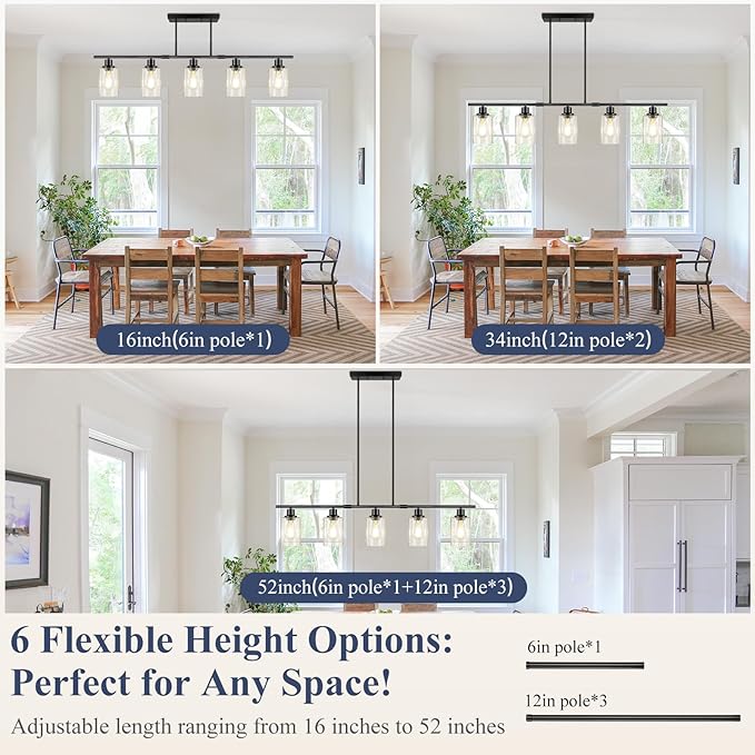 Dining Room Light Fixture Over Table, 5-Light Kitchen Island Lighting Hanging, Farmhouse Linear Chandelier for Dining Room, Matte Black Pendant Light Fixtures with Clear Glass Shade for Kitchen Island