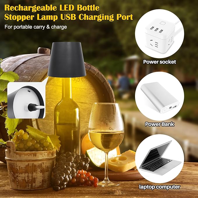 2PCS Wireless Bottle Lamp,Metal Wine Bottle Light with 3 Color Light Dimming, Waterproof Bottle Touch Lamp Head for Room, Bar, Restaurants, Party, Decor & Gifts (Black)