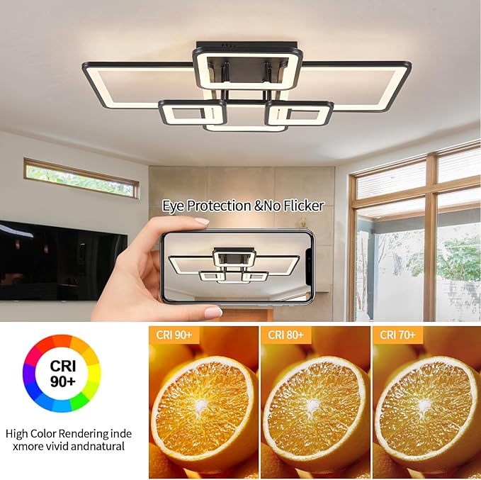Shine LUEST Modern LED Ceiling Light Fixture Black Kitchen Lighting Fixtures Ceiling for Bedroom 31.5" Dimmable 6 Ring Square Ceiling Light for Kitchen with Remote Control for Living Room,Dining Room
