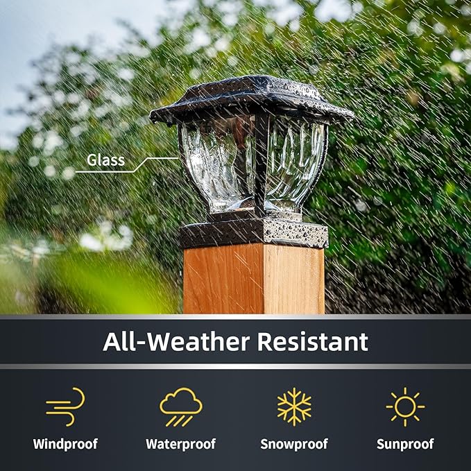 Solar Post Cap Lights Outdoor, Glass Deck Fence Post Cap Light Solar Powered for 4x4 Vinyl/Wooden Posts, Solar Lamp Post Light with 2 Lighting Modes for Patio Garden, Bright Warm White (4 Pack)