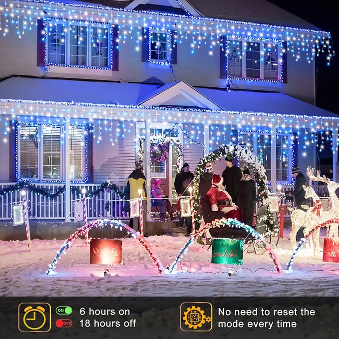 Icicle Christmas Lights Outdoor - 66FT 640 LED Icicle Lights for Outside with 8 Modes Timer, 120 Drops Waterproof Connectable Hanging String Lights Indoor for Patio Xmas Party Decor, Blue and White