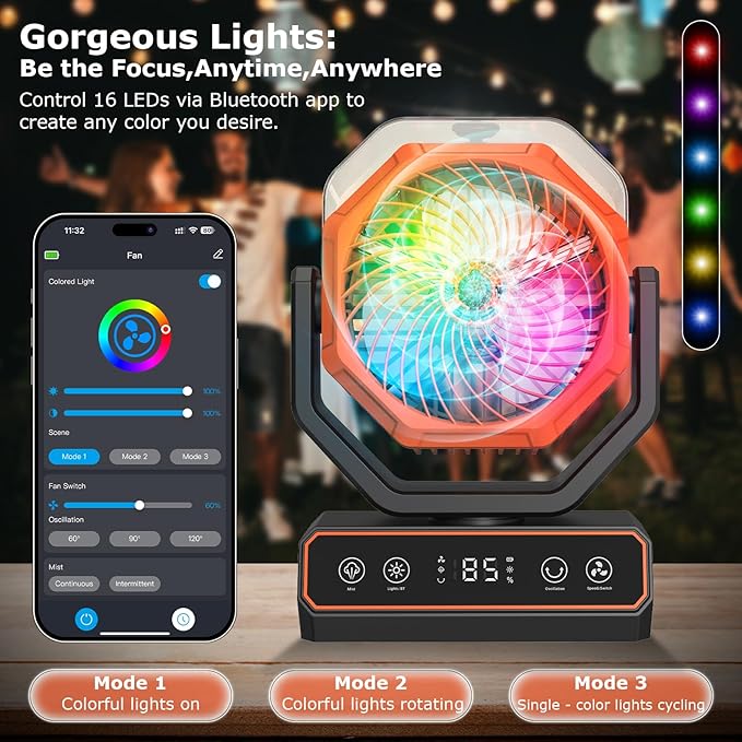Misting Fan Portable,Personal Fan with Smart APP Remote Control,40000mAh Rechargeable Battery Powered Desk Fan with RGB Lights,Timer,5 Speed Mister Fan for Travel,Camping,Tents,Beach,Office,Outdoor