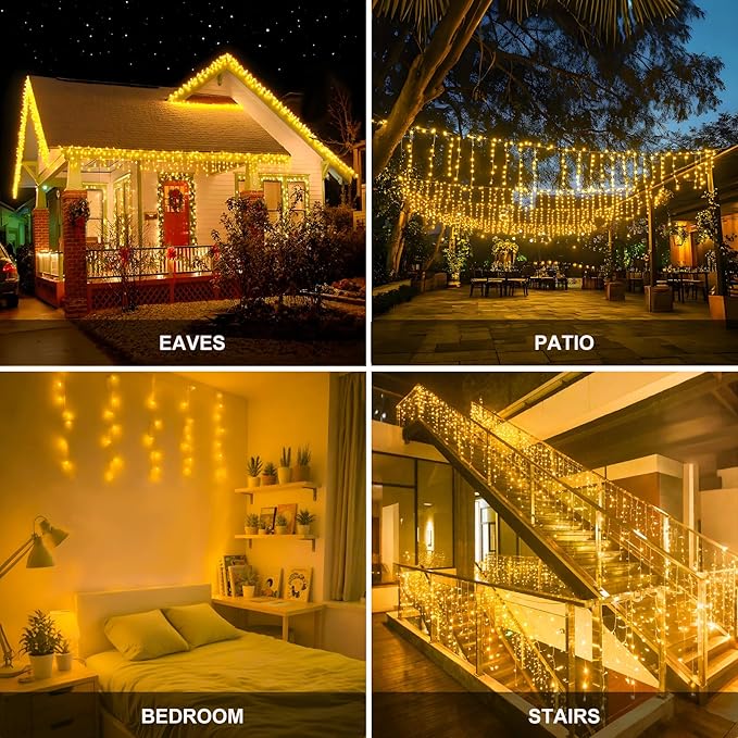 LED Icicle Lights for Outdoor Christmas Decorations,78.7Ft 800 LEDs Christmas Fairy Light with Timer&Memory Function,8 Lighting Modes,Plug in hanging Curtain Lights for Xmas Party Wedding(Warm White)