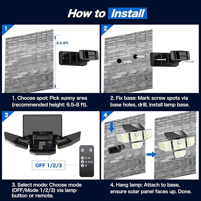Adewalk Outdoor Solar Light - Upgrade 3000LM 188 LED Motion Sensor for 4 Heads IP65 Waterproof Powered Switch Control Darkroom Backyard Outside Security