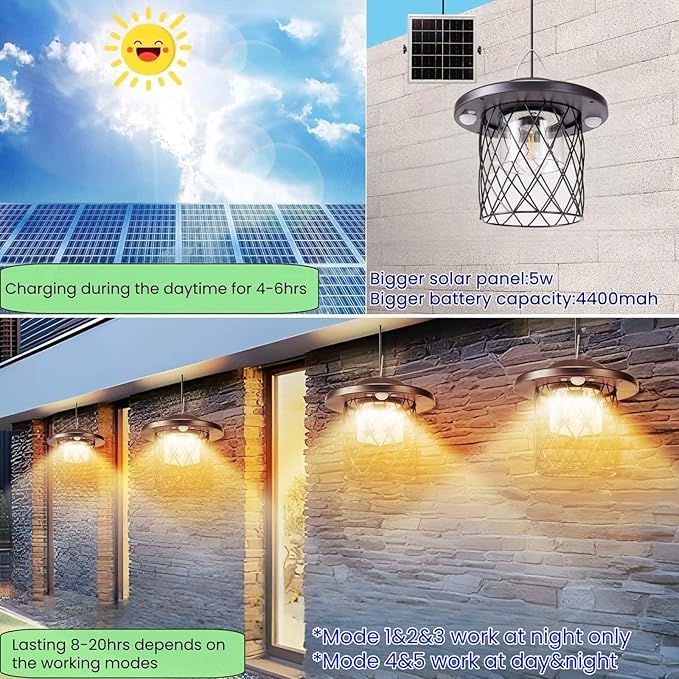 HULPPRE Solar Light Indoor&Outdoor,Shed Lighp Daytime or Night,Classic Metal with E27 Bulb,Cool or Warm White,5 Modes LED Pendant Lamp for Barn,Chicken Coop,Patio,Garden,Yard,Gazebo