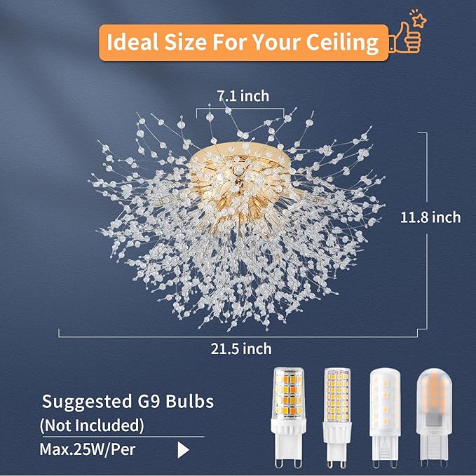 CM MZY Sputnik Flush Mount Ceiling Light Fixtures, Modern Gold Crystal Firework Chandelier, 8-Light Close to Ceiling Lighting Fixtures for Bedroom Kitchen Hallway Entryway(H11.8'' x W21.5'')