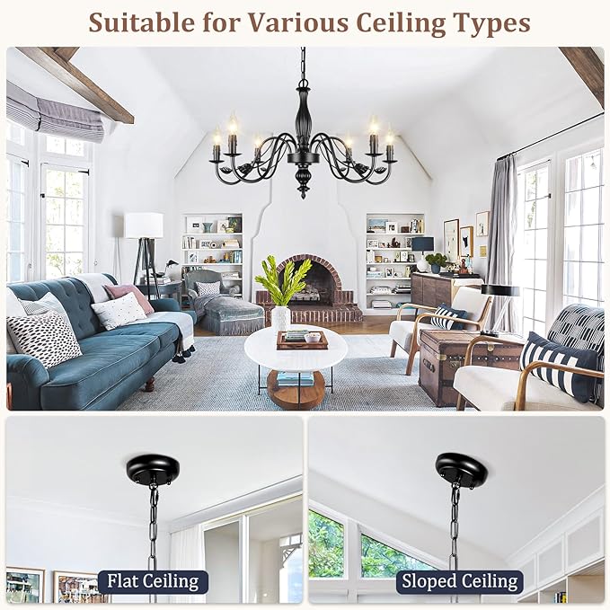 29" Black Chandelier for Dining Room, Modern Farmhouse 6-Light Light Fixture Hanging, Industrial Kitchen Lighting Fixtures with Leaf, Vintage Chandeliers Over Table for Bedroom Foyer Living Room
