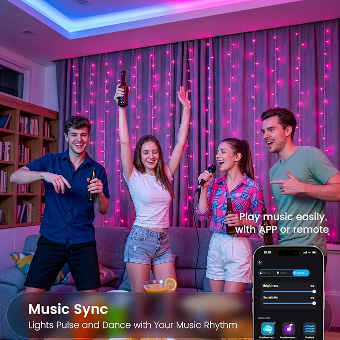 HEYFUNi Smart RGB-IC Curtain Lights - 8.2x6.6ft 280 LED Window Lights with App Control & Music Sync, Warm White & Magic Color Changing Fairy Lights with 2.4G Remote, DIY Modes for Bedroom Party