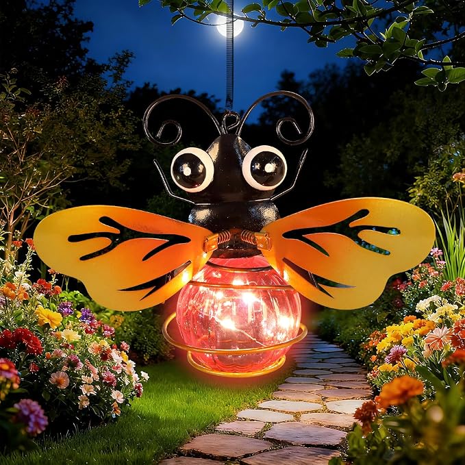 2 Pack Bee Garden Decor with Bouncy Springs Pendant Lights Birthday Gifts for Women Mom Grandma,Hanging Solar Lights Outside Waterproof Metal Solar Outdoor Decoration for Yard, Porch,Patio,Backyard
