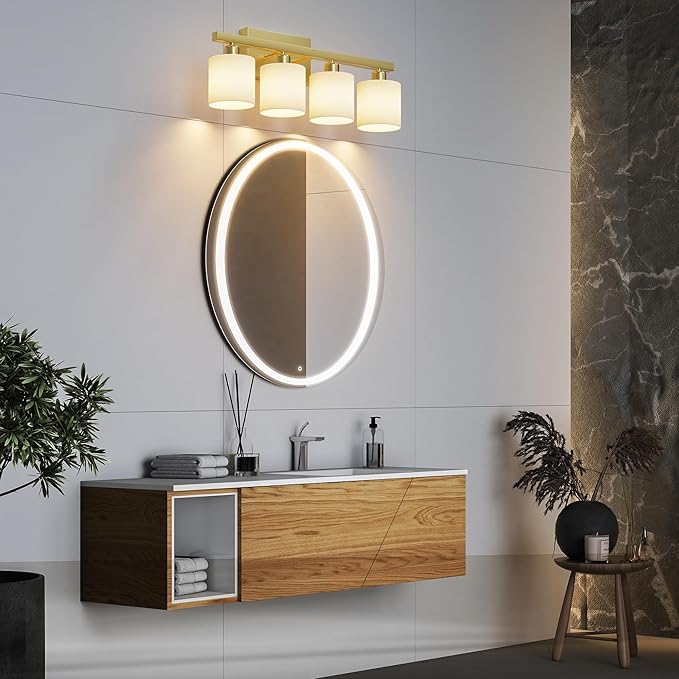 PARTPHONER Bathroom Light Fixtures, Bathroom Lighting Fixtures Over Mirror, Interior Classic Vanity Lights, Modern Vanity Light with Textured White Glass Shade, Brushed Gold, 4-Light