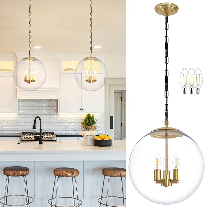 KoKo&Yukina 14" Gold Globe Pendant Light Mid Century Pendant Light Clear Glass Pendant Lights Kitchen Island Adjustable Hanging Light Fixture for Dining Room Bedroom Kitchen Island