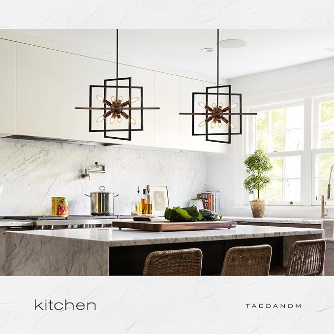 8-Light Farmhouse Sputnik Wood Pendant Light, 18.9'' Vintage Rustic Brown Wood Chandeliers,Retro Industrial Hanging Light Fixtures for Dining Room