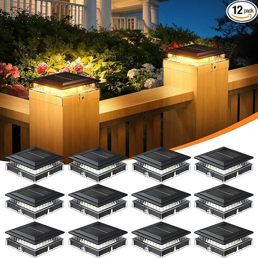 12 Pack 4x4 Solar Post Cap Lights Outdoor, Fence Post Solar Lights with Warm Light Mode, Waterproof Fence Deck Post Lights Solar Powered Fits 4x4 3.5x3.5 Vinyl Wooden Posts for Patio Porch