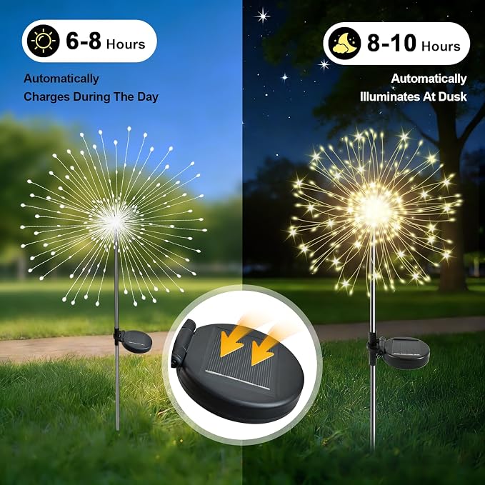 Solar Garden Lights Outdoor, 6 Pack 120 LED Twinkling Firework Lights Decorative with 2 Modes, Outdoor Waterproof Solar Starburst Light for Yard Pathway Planter Patio Decor, Warm White
