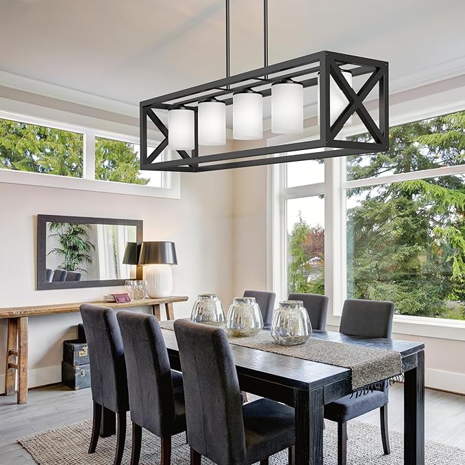 Espird Black White Dining Room Light Fixture - 5 Light Rectangle Light Fixtures with Milk White Glass Shade & Adjustable Height & Thickened Metal Dining Table Lights Fixture Chandeliers for DiningRoom