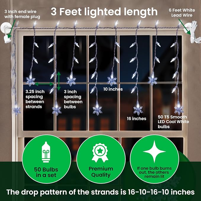 LED Twinkle Window Icicle Snowflake Lights - 3 Feet - 8 of 50 Lights Twinkle - 50 LED Cool White Bulbs - Indoor Outdoor - Random Shimmering Twinkle Christmas Icicle Snowflake Lights