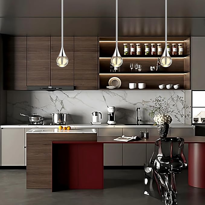 1-Pendant Lights Kitchen Island, Silver Crystal Globe Ceiling Hanging Light Fxitures, LED Light Fixtures Metal Rod Ceiling Glass Pendant Lighting for Kitchen Island Dining Room Bar