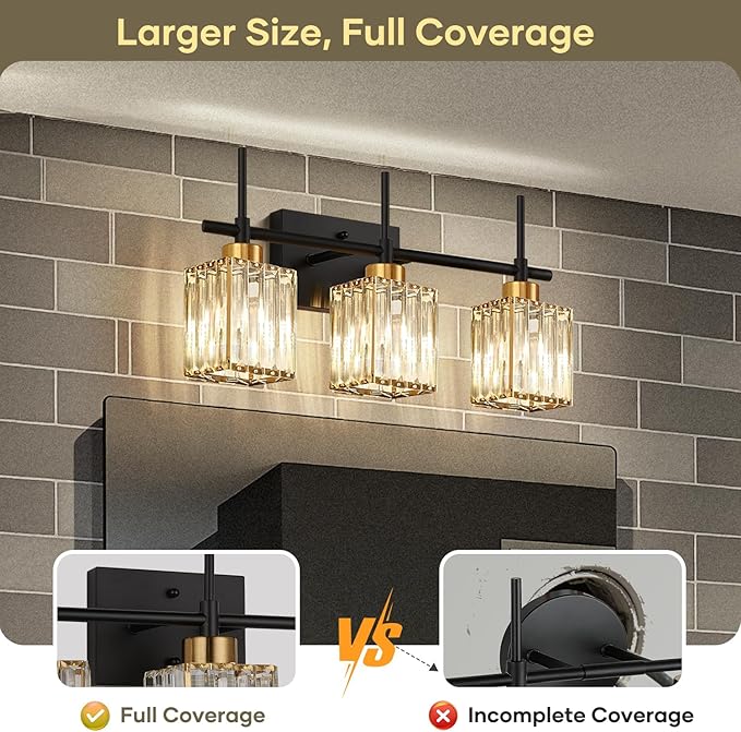 Torondo Modern Crystal 3-Light Vanity Lights for Bathroom Gold Bathroom Lights Over Mirror Black and Gold Vanity Lighting Fixtures Square Shade Brass Wall Sconce (Bulbs Not Include)