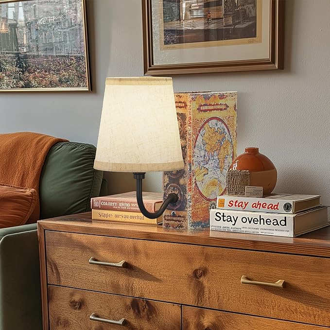 Vintage Bookshelf Lamp Rechargeable, Cordless Book Lamp with Linen Shade, Dimmable Touch Control Table Lamp, Modern Decorative Bookend, Bookshelf Lights for Office Home, Library, Study