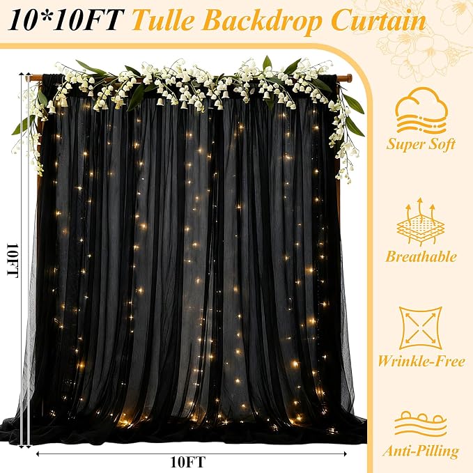 Ledido 10×10ft Black Tulle Backdrop Curtains with Lights String - 300LED Fairy Lights Sheer Curtain Backdrop for Wedding Baby Shower Photo Shoot Birthday Party Decoration(2 Panels 5×10ft)，Black