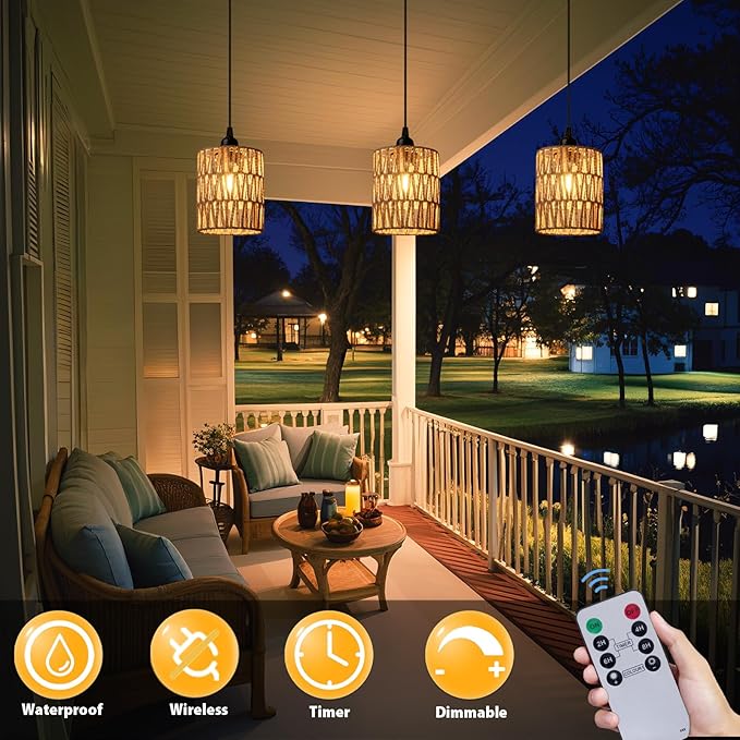 Battery Operated Chandelier, Battery Hanging Pendant Light, Rattan Lights with Warm White Bulb, 4*AA Battery Powered, for Gazebo Pergola Porch Patio Outdoor Indoor Decor (3)
