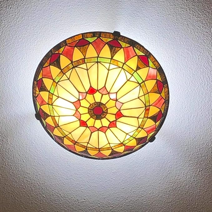 DIRYZON EUL Vintage Tiffany Style Mission Semi Flush Mount Ceiling Light 15.7" Antique Art Stained Glass Shade 3-Light
