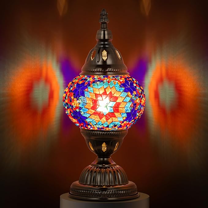 Marrakech Stained Glass Lamp Moroccan Lamps with Tiffany Style, Handmade Turkish Mosaic Lamps with Bronze Base Including LED Bulb for Living Room Bedroom Decor (Colorful2)