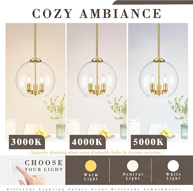 12" Gold Pendant Lights 2 Pack Glass Globe Pendant Light Fixture Bedroom Mid Century Modern Pendant Lighting Brass Pendant Light for Kitchen Island Bedroom Living Room (Bulb Incl.)