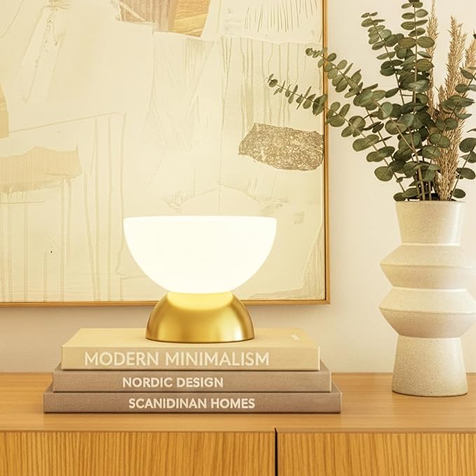 Brightech Lamina LED Table Lamp - Small 10 Inches Modern Bedroom Lamp - Bright Mini Reading Desk Lamp with Dimmable Warm Lighting for Bedside Table, Living Room, Office - Glass Lamp Shade, Gold/Brass